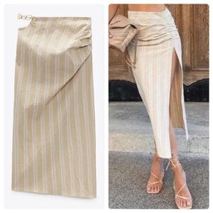 Zara Skirt Striped Cut Out Chain New Midi Slit